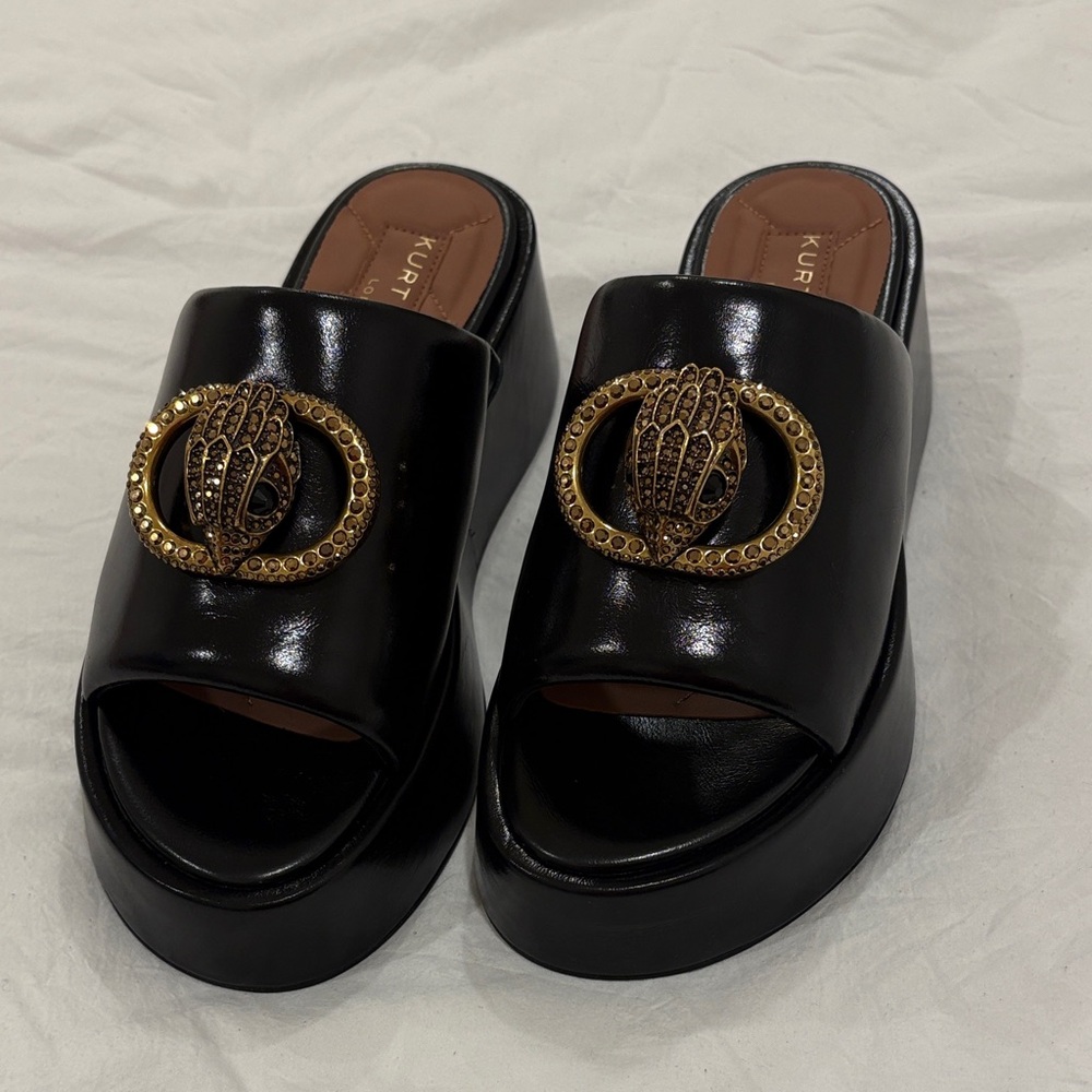 Kurt Geiger Black Patent Platform Mules with Gold Emblem